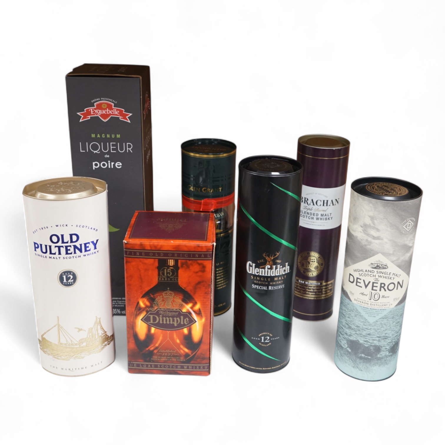 Six bottles of whisky to include Liqueur de Poire, Glenfiddich and Dimple